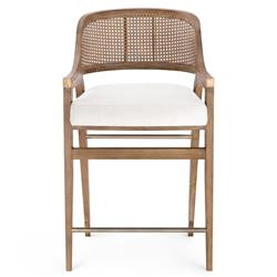 Villa & House Edward Coastal White Linen Driftwood Mahogany Woven Cane Counter Stool | Kathy Kuo Home