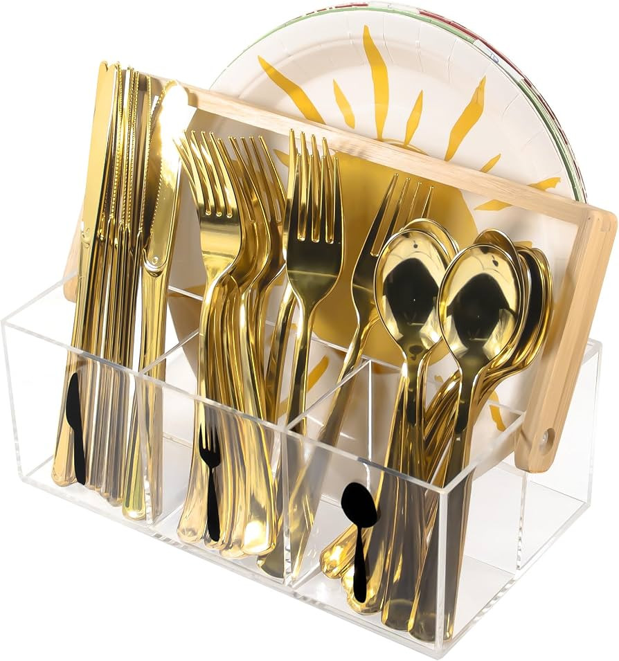Acrylic Utensil Caddy with Bamboo Handle, Clear Silverware Organizer with Labeled Compartments & ... | Amazon (US)