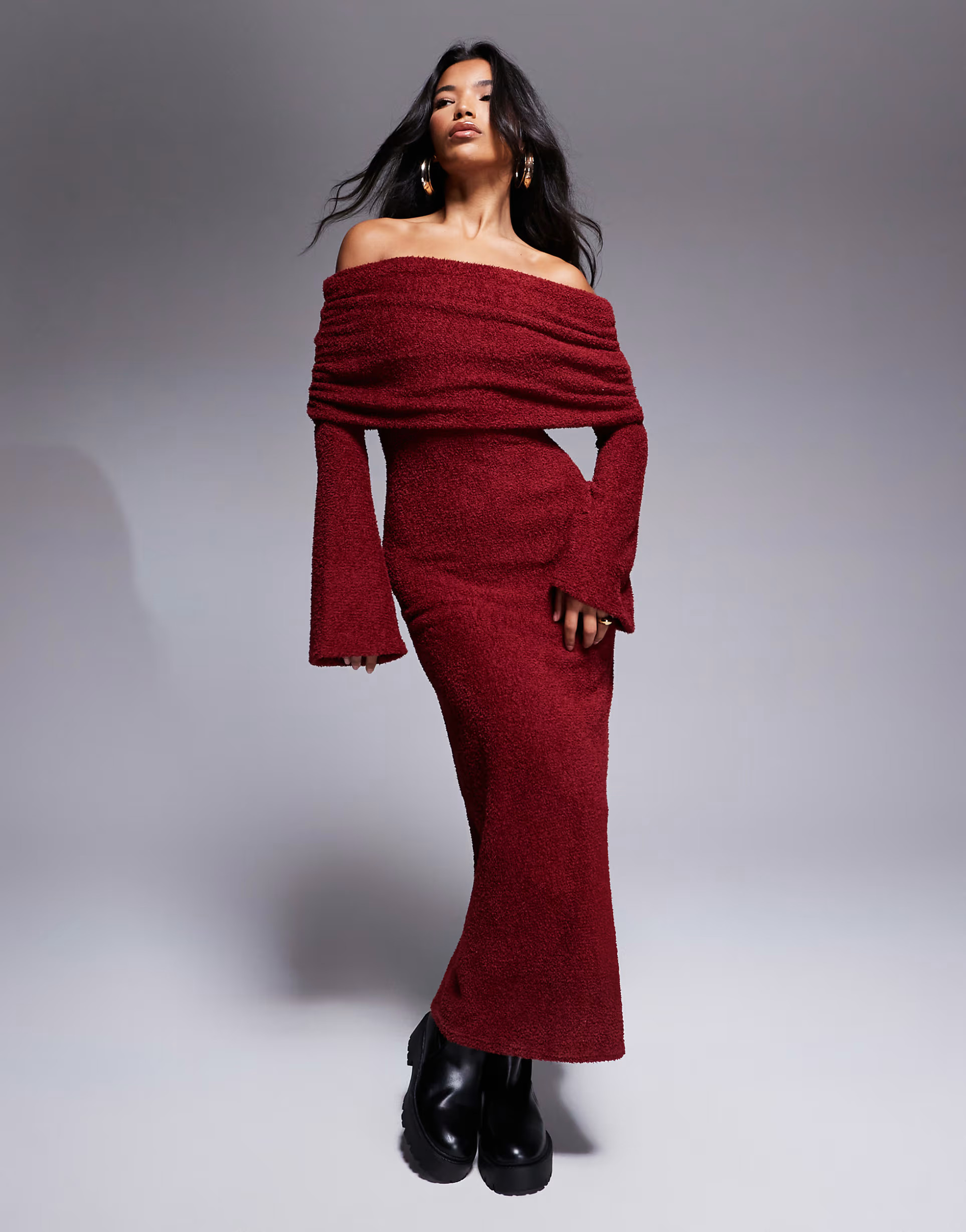 ASOS DESIGN supersoft fluffy long sleeve bardot midi dress in burgundy | ASOS (Global)