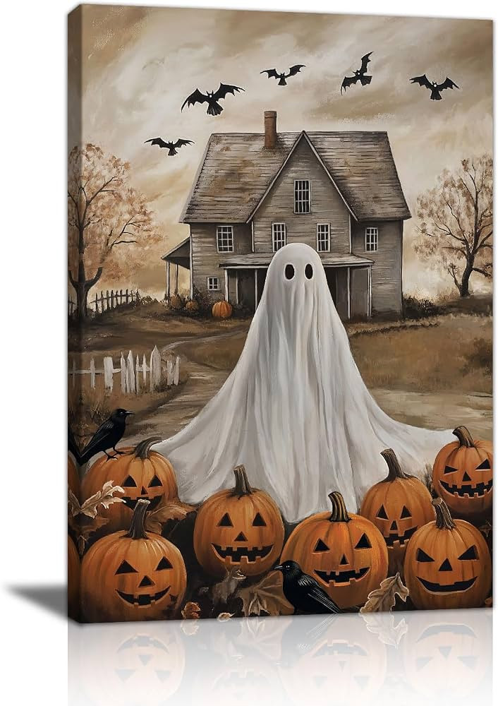 Vintage Halloween Canvas Wall Art Ghost in Pumpkin Field Painting 12"x16" | Amazon (US)