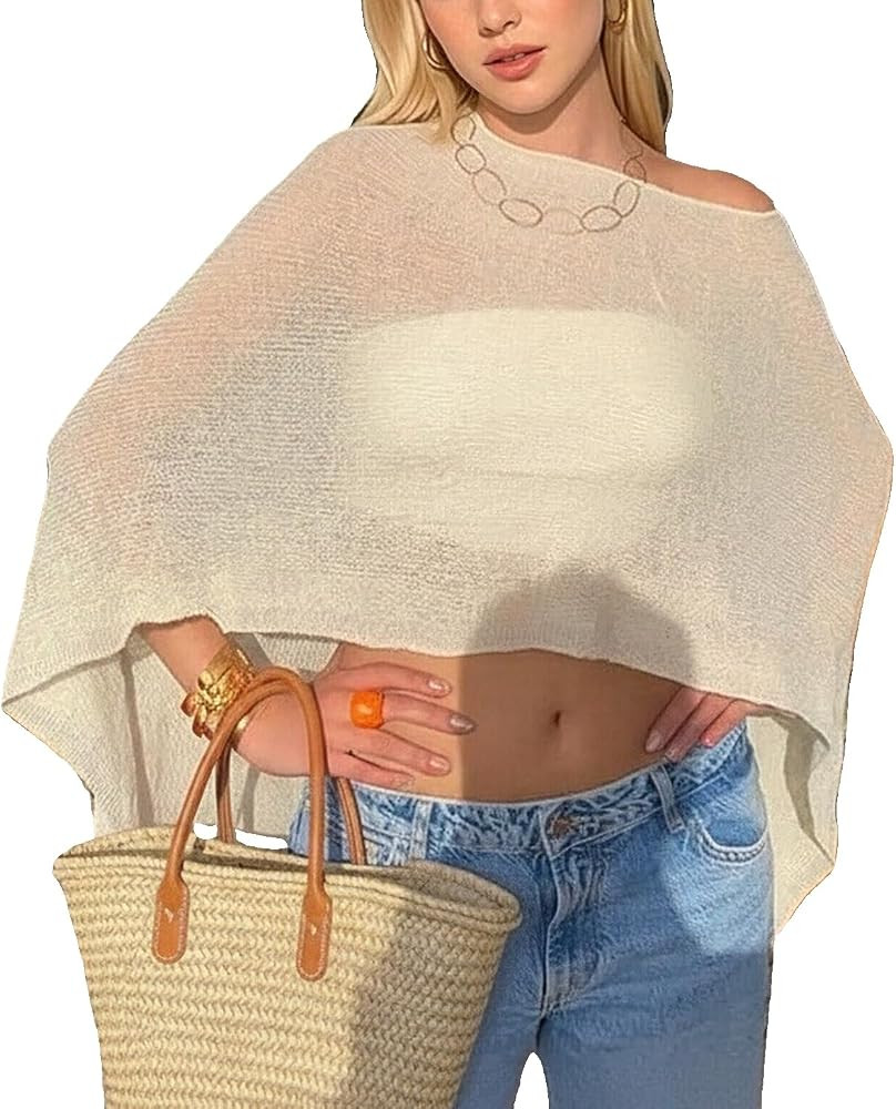 KMBANGI Women Sheer Knit Poncho Lightweight See Through Shrug Bolero Sweater Top Mesh Knit Shawl ... | Amazon (US)