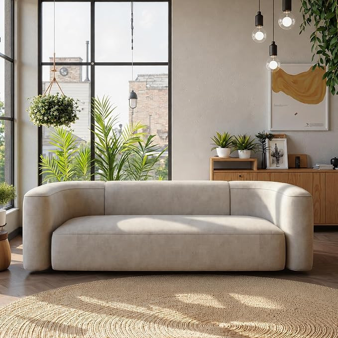 Acanva Mellow Modern Tight Curved Back Velvet Sofa, 3 Seater, Cream | Amazon (US)