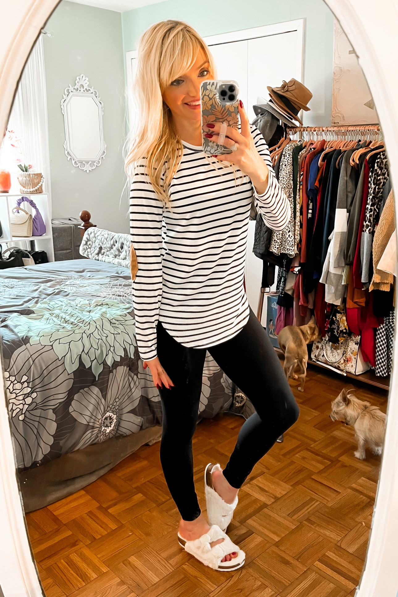 Fall striped long sleeve T-shirt top with elbow patches - leggings - Birkenstock slipper sandals - furry slipper sandals - fall fashion - fall outfit ideas - casual style - Amazon Fashion - Amazon finds 

#LTKshoecrush #LTKSeasonal #LTKunder50