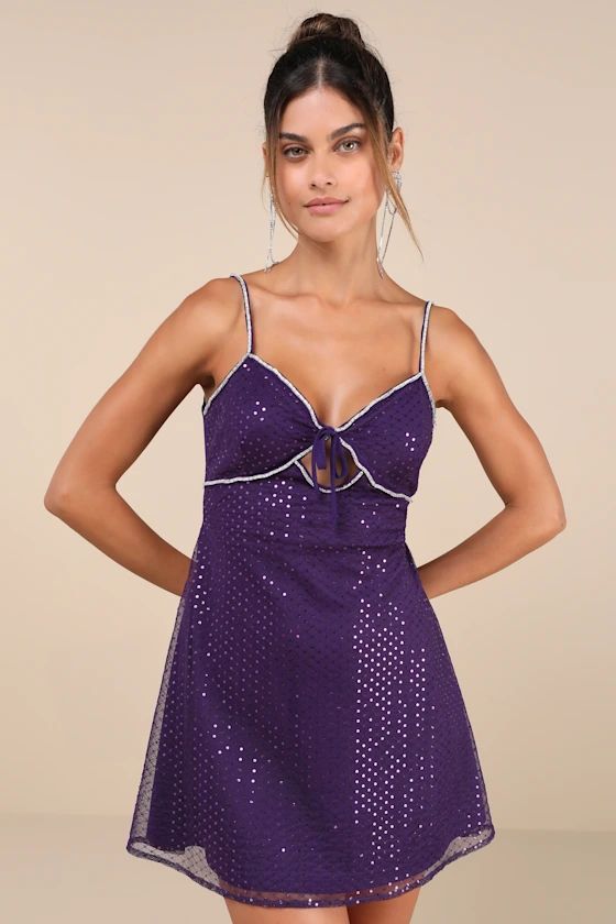 Captivating Glimmer Purple Sequin Rhinestone Tie-Back Mini Dress | Lulus