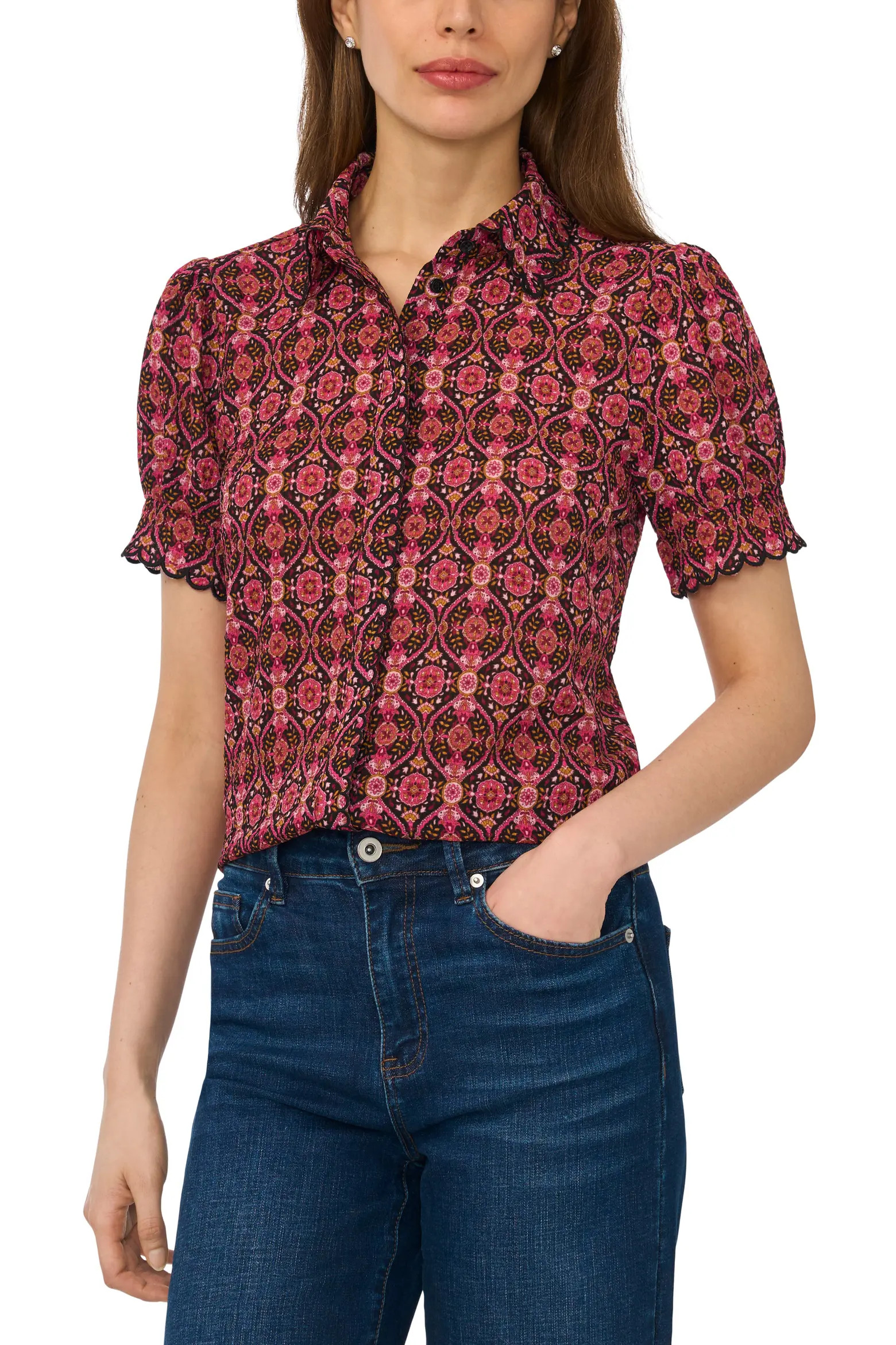 Paisley Puff Sleeve Crepe Button-Up Shirt (Women) | Nordstrom | Nordstrom