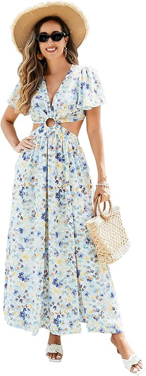 YOHOYO Women Floral Print Cut-Out Maxi Dress Elegant Polyester Summer Dress for Women Travel Vaca... | Amazon (US)