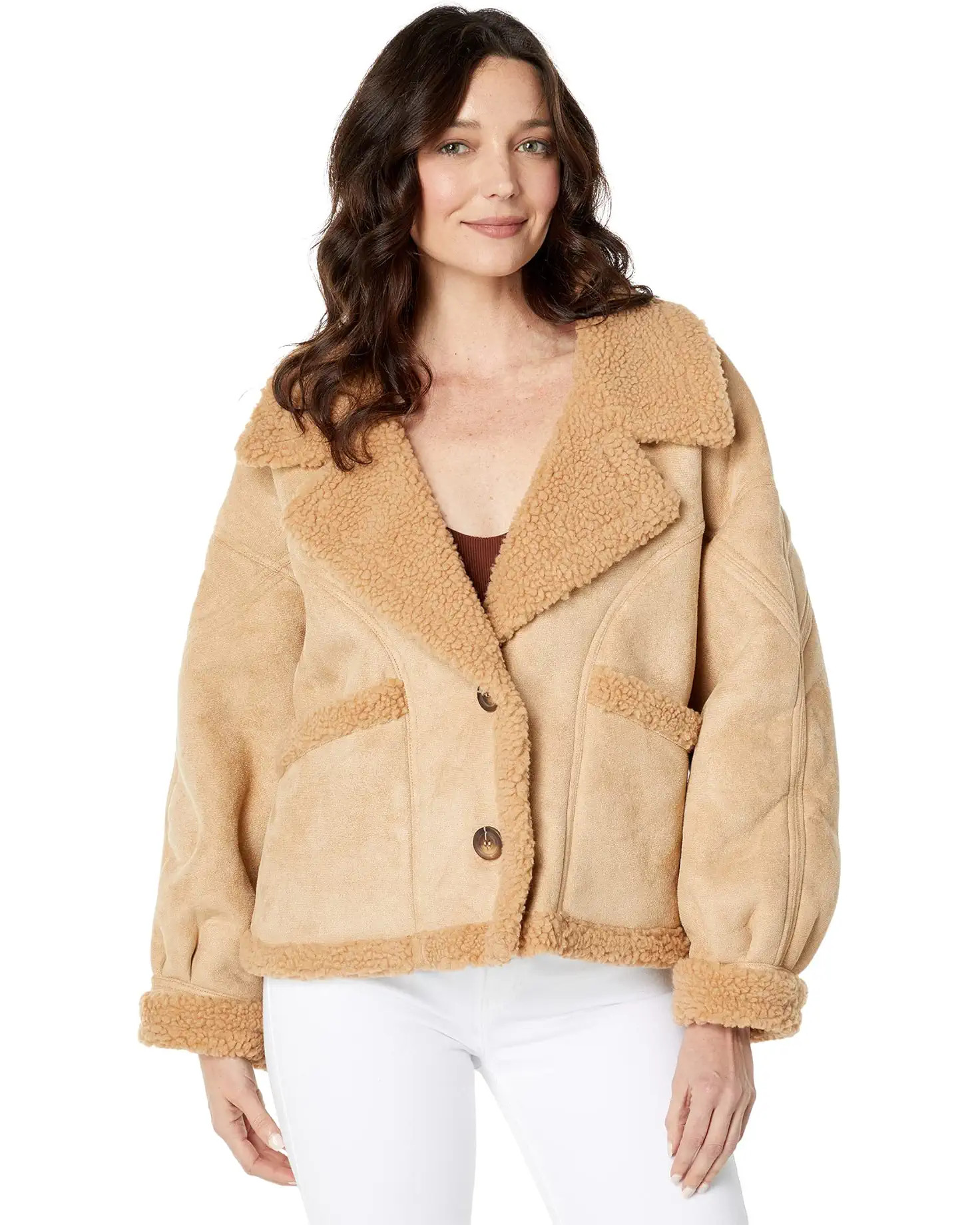 MOON RIVER Shearling Button-Down Outerwear with Pockets | Zappos