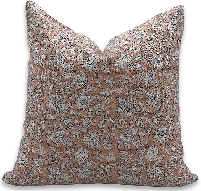 Fabritual Thick Linen Throw Pillow Cover, Handmade Cushion Cover with Zipper Floral Print with Bo... | Amazon (US)