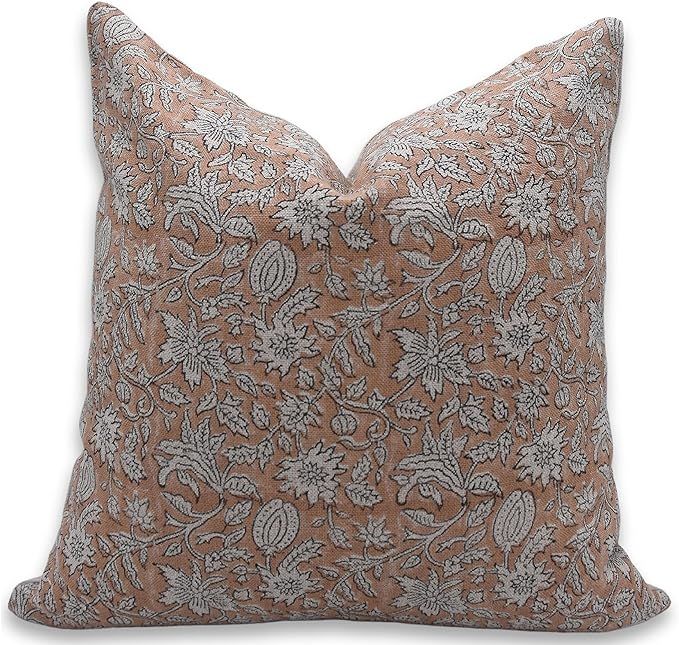 Fabritual Thick Linen Throw Pillow Cover, Handmade Cushion Cover with Zipper Floral Print with Bo... | Amazon (US)