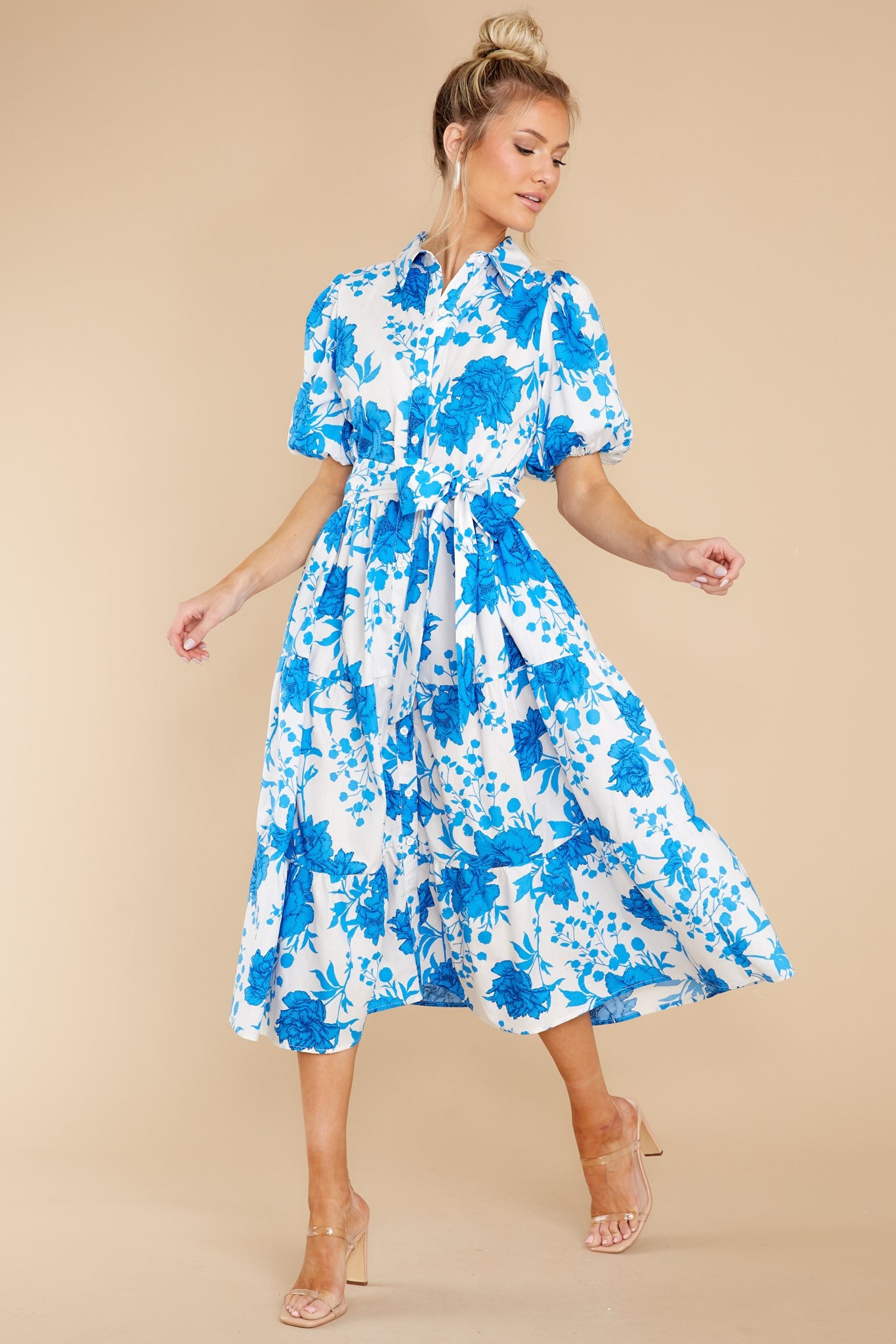 Timeless Touch White And Blue Floral Print Midi Dress | Red Dress 