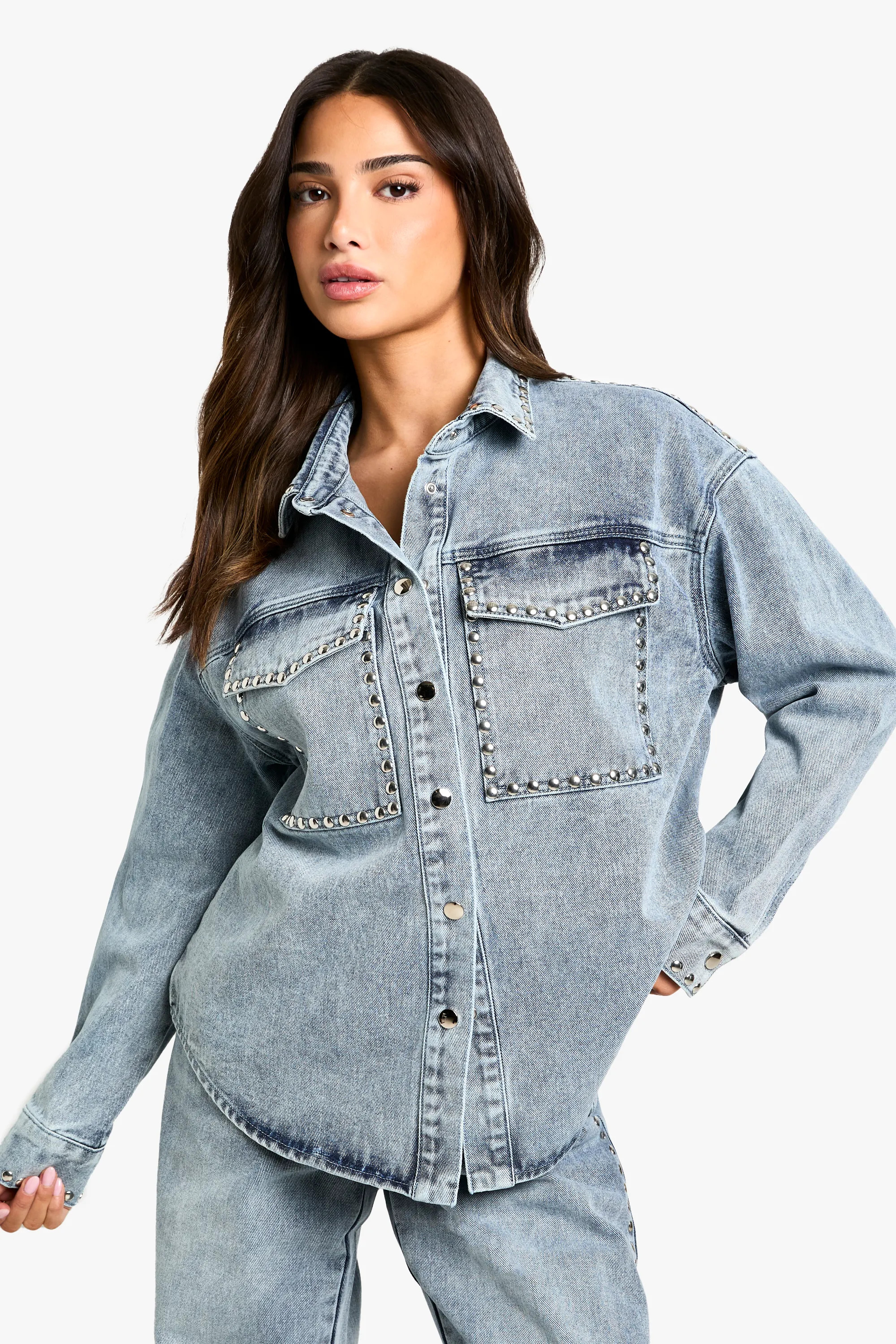 Petite Stud Detail Denim Oversized Shirt | Nasty Gal US