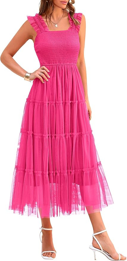 PRETTYGARDEN Women's Summer Tulle Midi Dress Sleeveless Smocked Ruffle Flowy Mesh Dresses Party W... | Amazon (US)