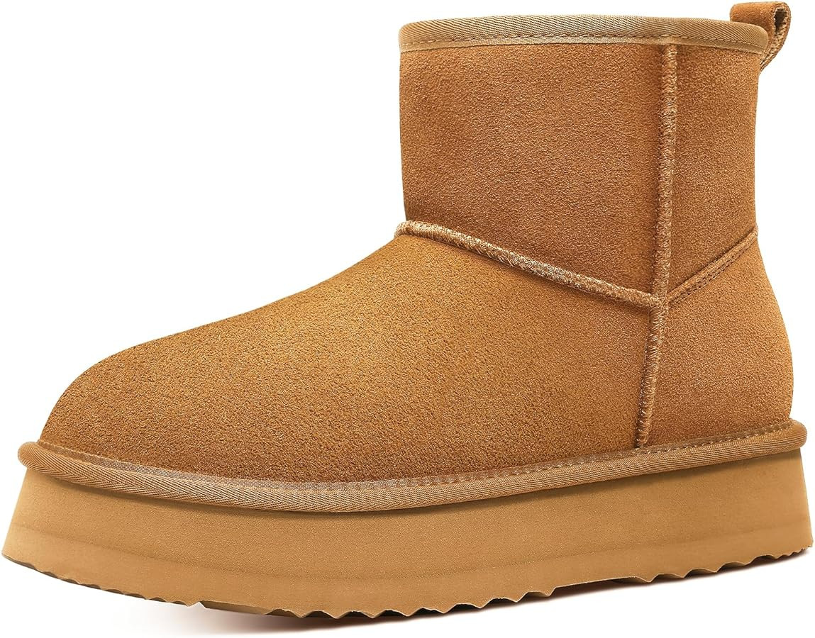 Litfun Platform Snow Boots for Women Winter Genuine Suede Ankle Mini Boots with Fur Lined | Amazon (US)