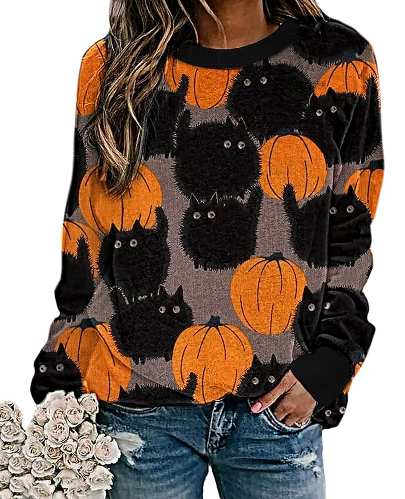 Halloween Pumpkin Sweatshirt Crewneck Pullover - Animal Cat Bat Print Casual Loose Long Sleeve To... | Amazon (US)