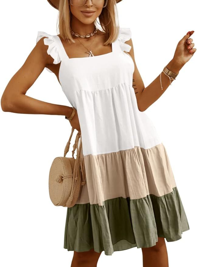 Imily Bela Womens Summer Tiered Sundress Flowy Color Block Casual Ruffle Strap Dress | Amazon (US)