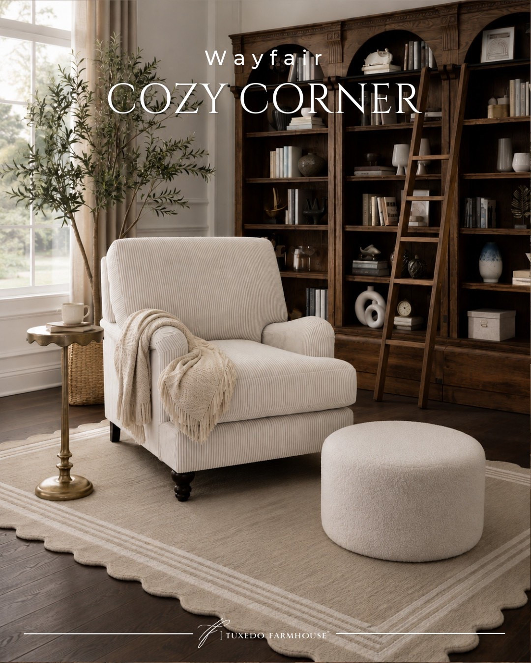 Cozy corners are always in season. ✨ This reading nook combines timeless wood tones, a beautifully detailed bookcase, a soft striped chair, and the prettiest scalloped rug for a space you'll never want to leave. Every piece is linked to help you create the same warm, collected look in your own home.

#LTKHome #LTKStyleTip #LTKFinds #ReadingNook #CozyHome #WayfairFinds #NeutralDecor #HomeInspiration 

 #LTKSeasonal #LTKHome #LTKSaleAlert