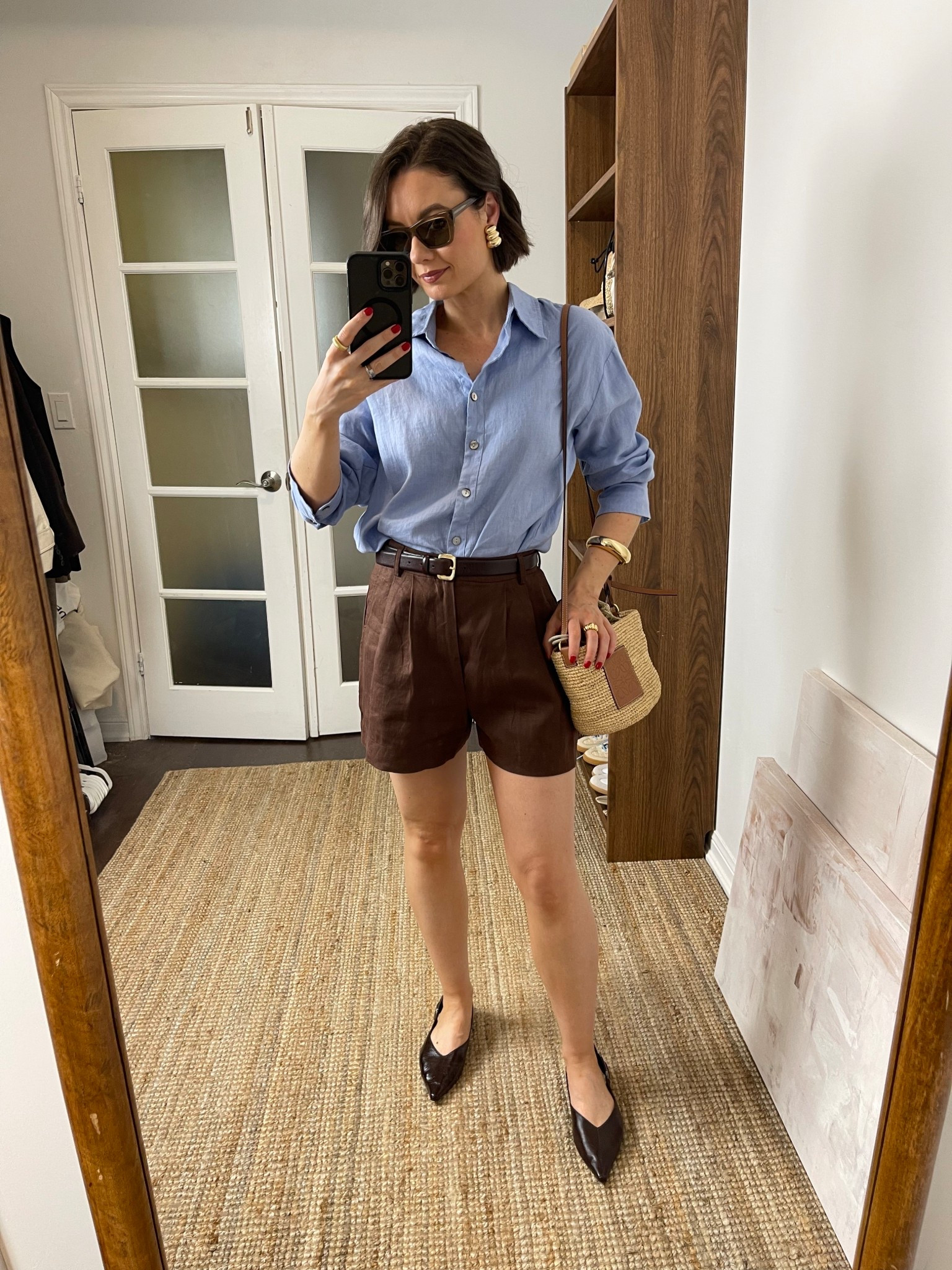 Blue line shirt, brown shorts, pointed flats, basket bag

#LTKSeasonal #LTKFindsUnder100 #LTKStyleTip