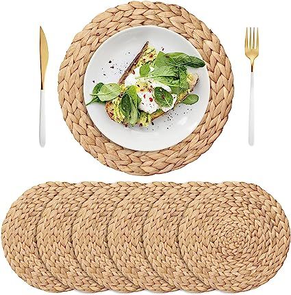 6 Pack 13.8" Woven Placemats, Natural Hand-Woven Water Hyacinth Placemats, Round Braided Rattan T... | Amazon (US)