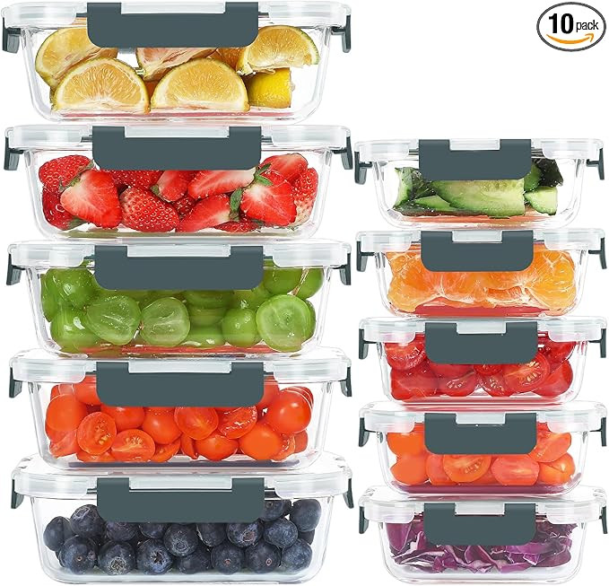 KOMUEE 10 Pack Glass Food Storage Containers, Meal Prep Containers with Lids, Airtight Glass Lunc... | Amazon (US)
