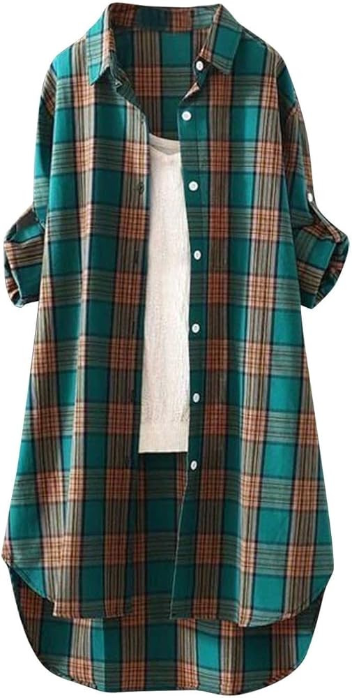 Lolvmvchi Women Plaid Shirts Oversized Long Sleeve Work Open Front Fall Button Print Tunic Tops 2... | Amazon (US)