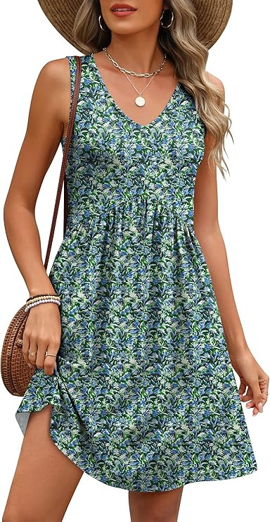 ANRABESS Dresses for Women Beach Vacation Clothes V Neck Sleeveless Loose Flowy A-Line Dress Summ... | Amazon (US)