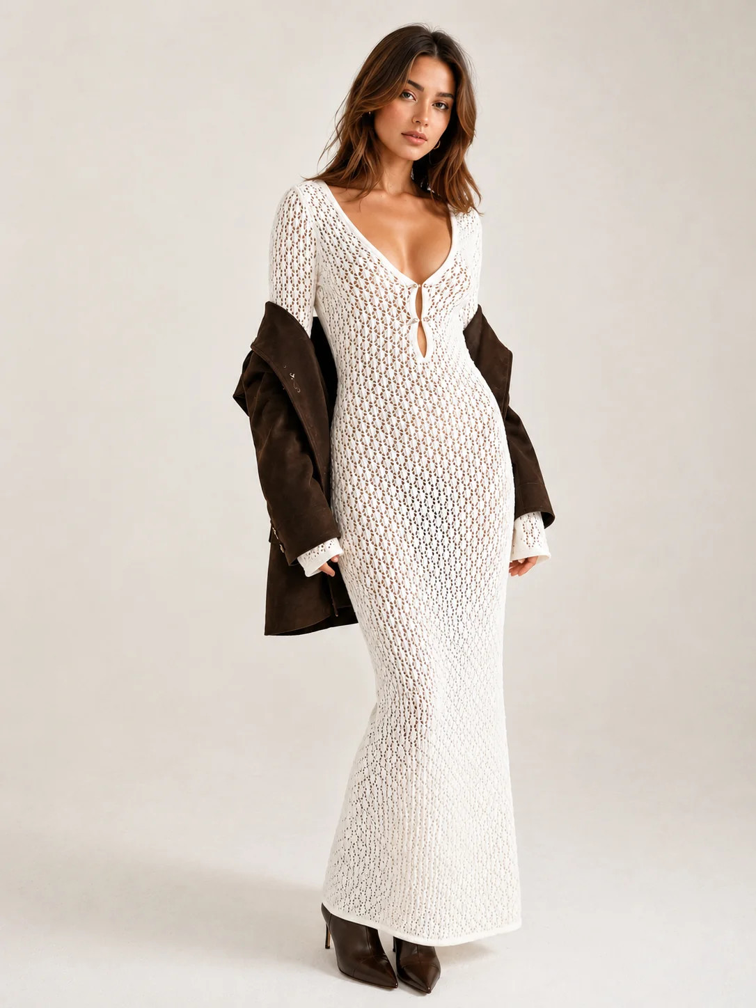 Cover Up Long Sleeve Open Back Long Dress | Commense