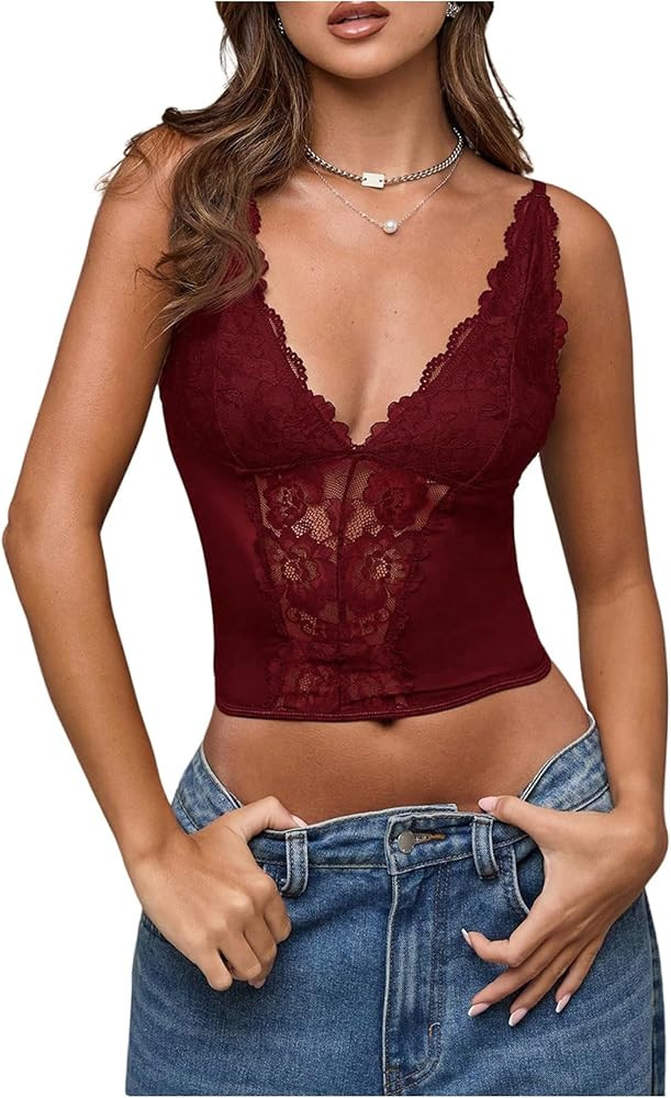 SHENHE Women's Mesh Lace Bustier Corset Top Deep V Neck Spaghetti Strap Fitted Crop Cami Tank | Amazon (US)