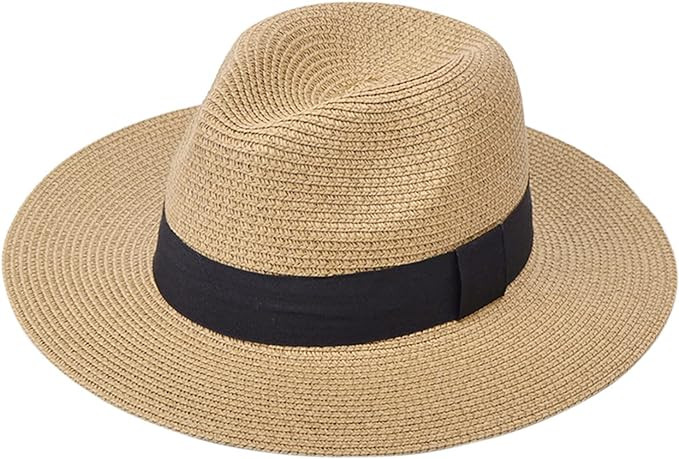 DRESHOW Women Straw Panama Hat Travel Fedora Beach Sun Hat Summer Wide Brim Straw Roll up Hat UPF... | Amazon (US)