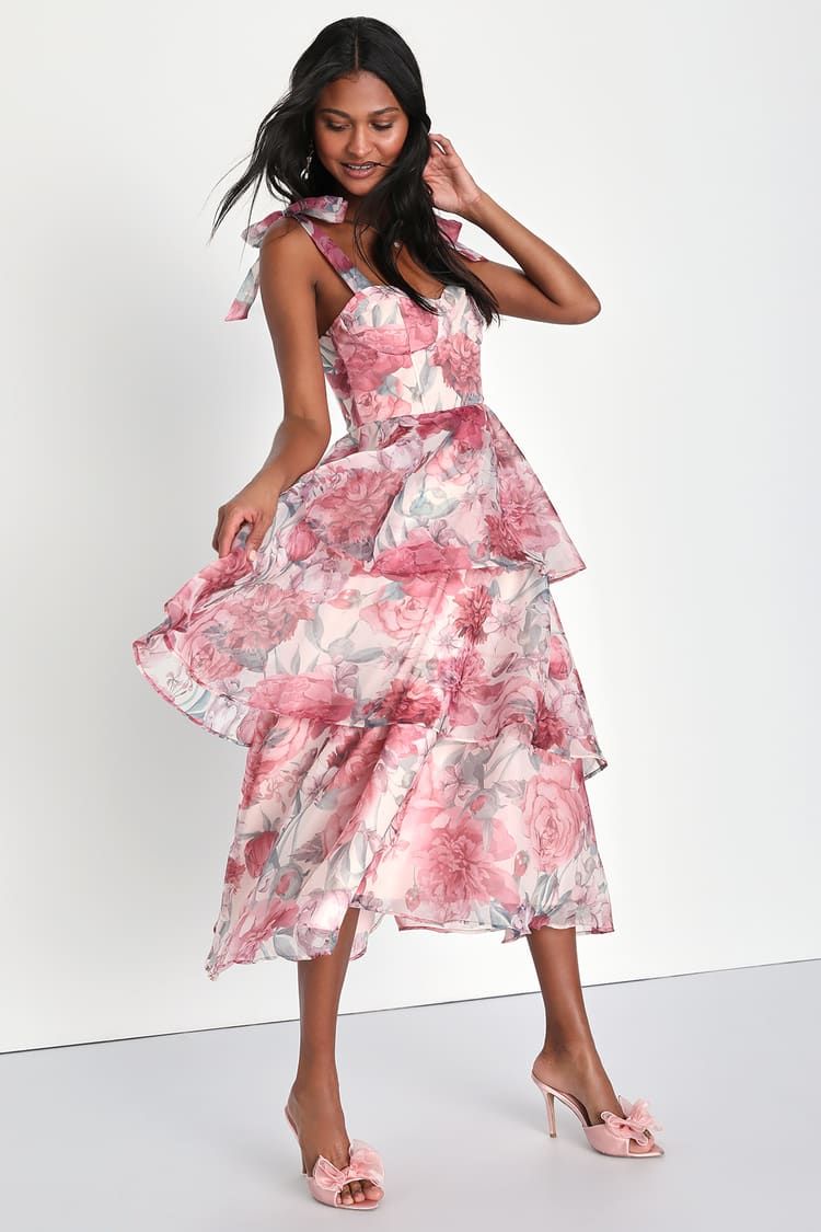 Playfully Posh Blush Floral Organza Tie-Strap Tiered Midi Dress | Lulus