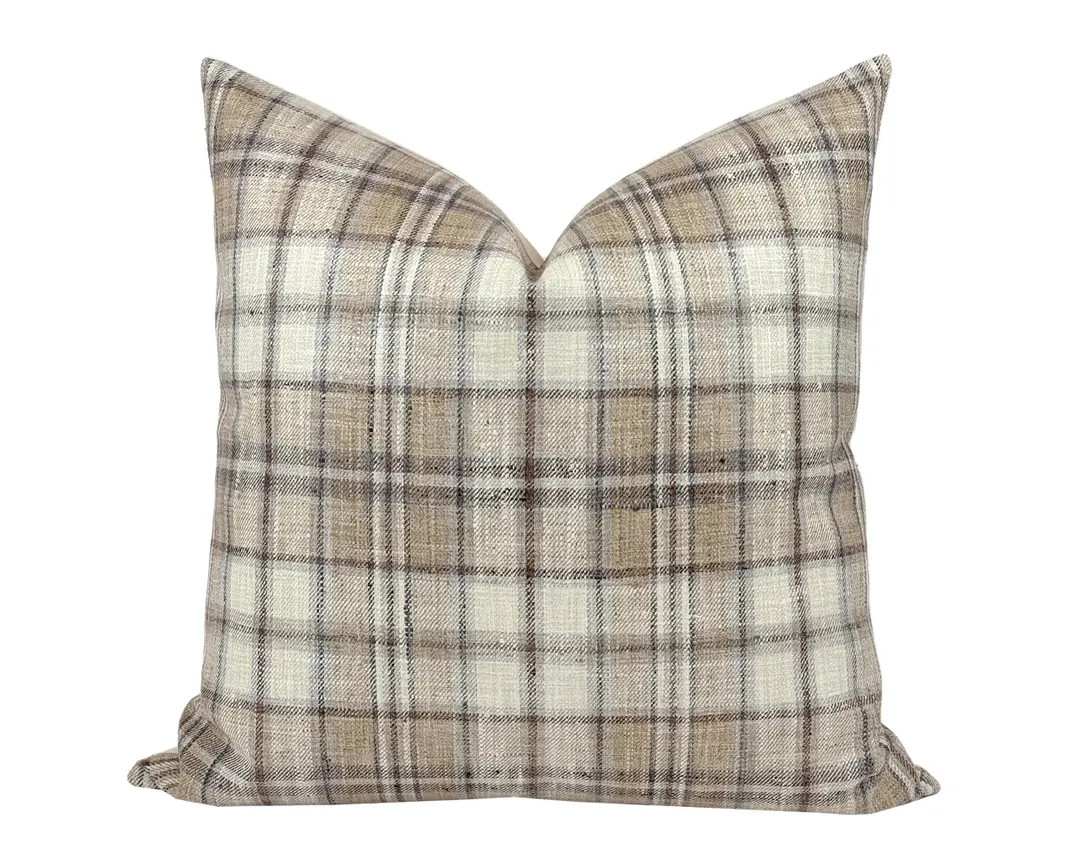 BECKETT | Tan Plaid Pillow Cover, Neutral Pillow, Farmhouse Pillow, Light Brown Plaid Pillow, Tan... | Etsy (US)