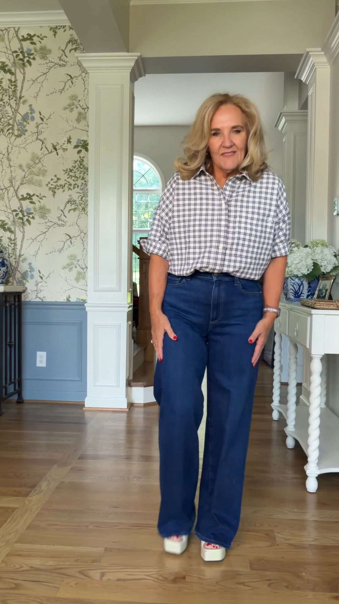 Premium denim on sale at Anthropologie through tonight including the Paige anessa jeans  in several different washes
I wear a size 29. These are a regular, but the petites can also work if available.
The plaid top size small works great untucked, and tucked

#LTKSaleAlert #LTKOver40 #LTKootd