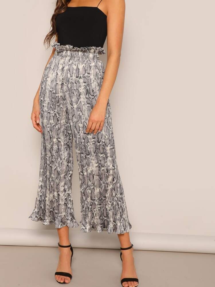 Paperbag Waist Snakeskin Wide Leg Pants | SHEIN