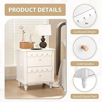 White Nightstand Side End Table with 2 Drawers, Modern Wood Night Stand with Petal Pattern for Be... | Amazon (US)