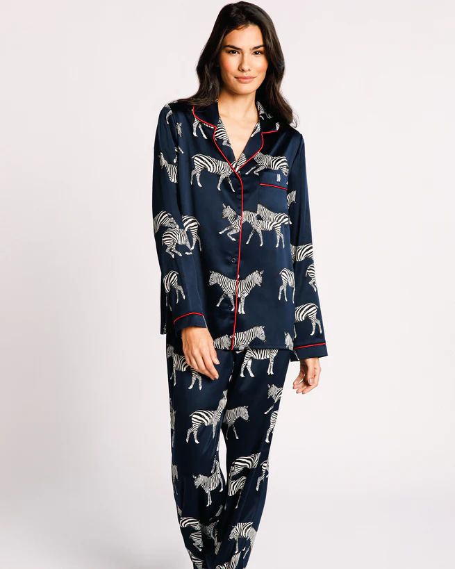 Navy Zebra Satin Button Up Pyjama Set | Chelsea Peers NYC