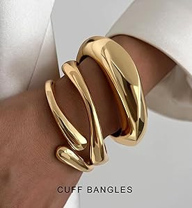 Chunky Gold Bangle Bracelets for Women, Dainty 14k Gold Plated Big Stackable Bangles Set, Trendy ... | Amazon (US)