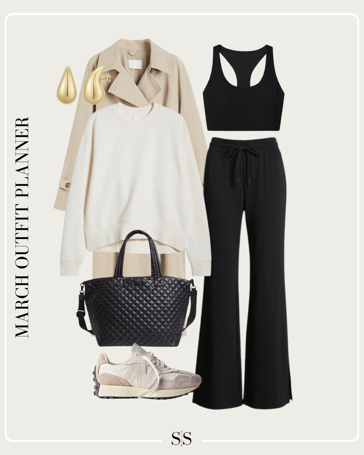 Monthly outfit planner MARCH: Winter to Spring transitional looks | sweatshirt, flare pant, sports bra, trench coat, woven tote, sneaker

#springoutfit #casualstyle 


#LTKStyleTip