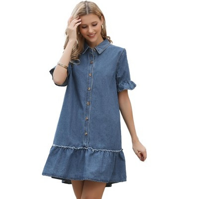 INSPIRE CHIC Women's Denim Ruffle Sleeve Button Up Turndown Collar Casual Shift Mini Jean Dresses X-Large Blue | Target