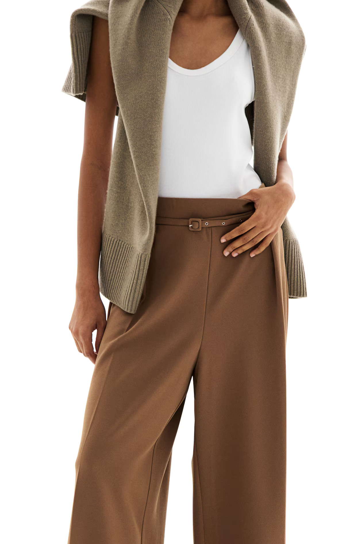 Wide Pants with Belt - Dark beige - Ladies | H&M US | H&M (US + CA)