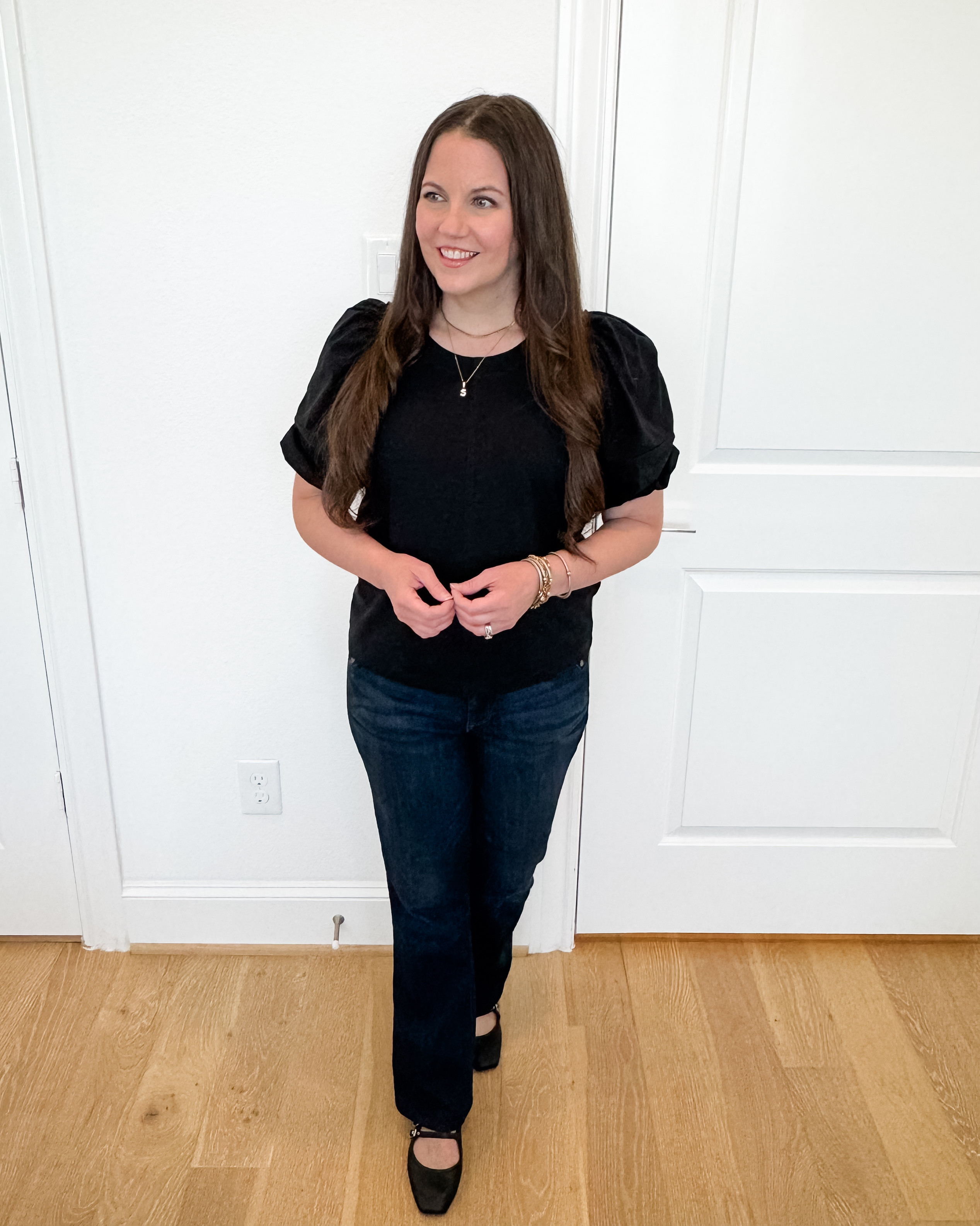 Summer outfit / business casual work outfit  / black short sleeve top / gold initial necklace / summer outfit / great classic and timeless top / dark blue jeans / black mary Jane ballet flats 

#LTKFindsUnder100 #LTKShoeCrush #LTKSeasonal