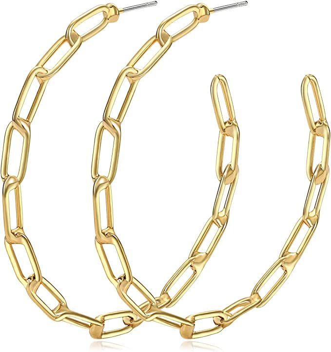 NLCAC 14K Gold Chain Hoop Earrings Chic Shiny Gold Paperclip Chain Link Big Hoop Earrings for Wom... | Amazon (US)
