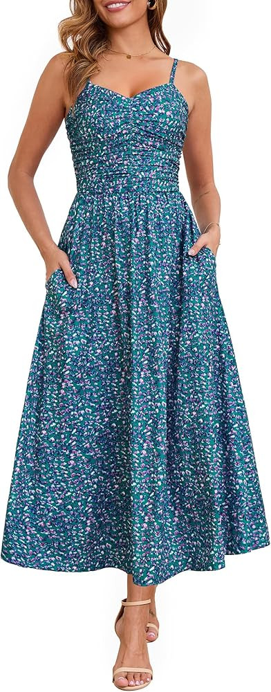 Annebouti Women 2026 Summer Spring Ruched Maxi Dress Adjustable Spaghetti Strap Floral Beach Long... | Amazon (US)