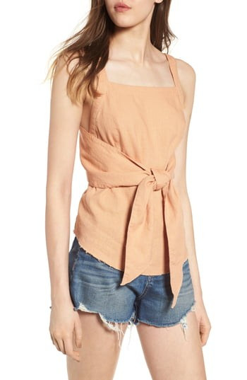 Women's Bp. Tie Front Linen Blend Tank Top, Size XX-Small - Brown | Nordstrom