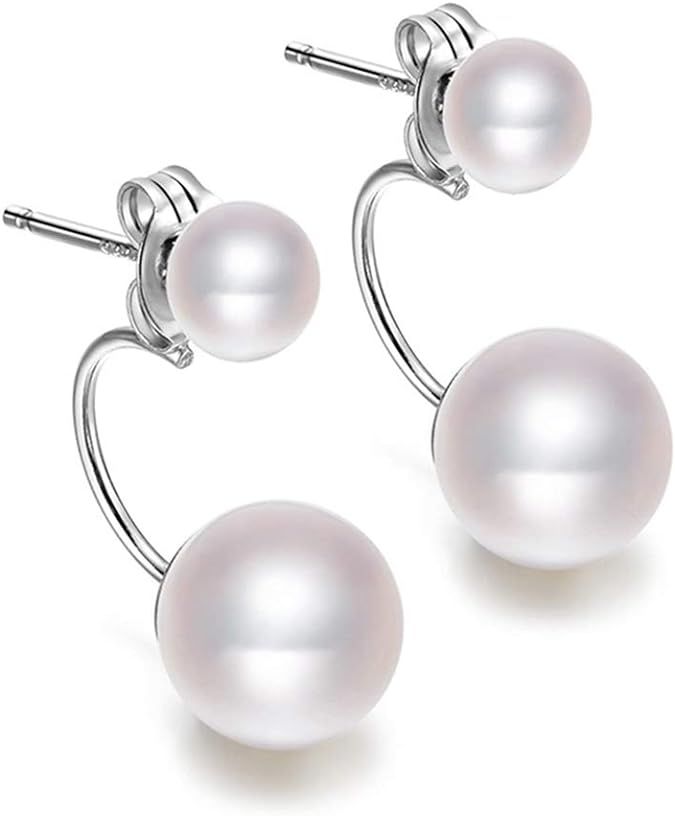 Rakumi Double Cycle Stud Jacket Earrings in Sterling Silver Two White Round Pearl Earring Rhinest... | Amazon (US)