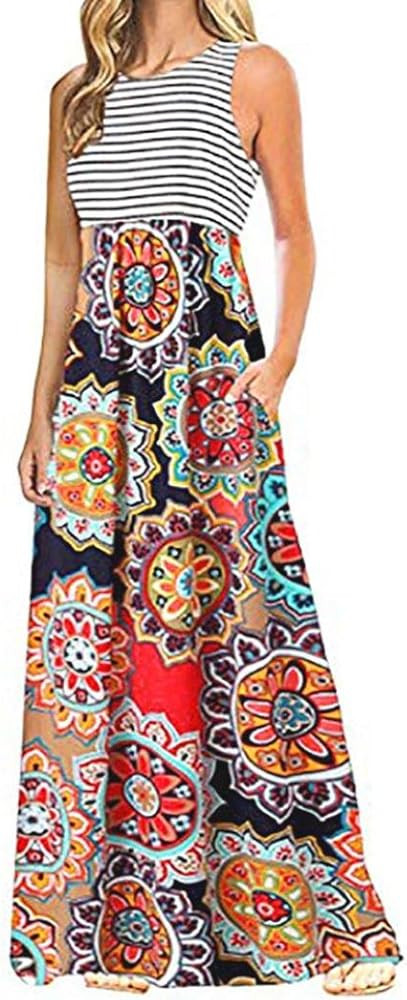 TOPUNDER Boho Striped Dress for Women Sleeveless Print Party Evening Long Maxi Dresses with Pockets  | Amazon (US)