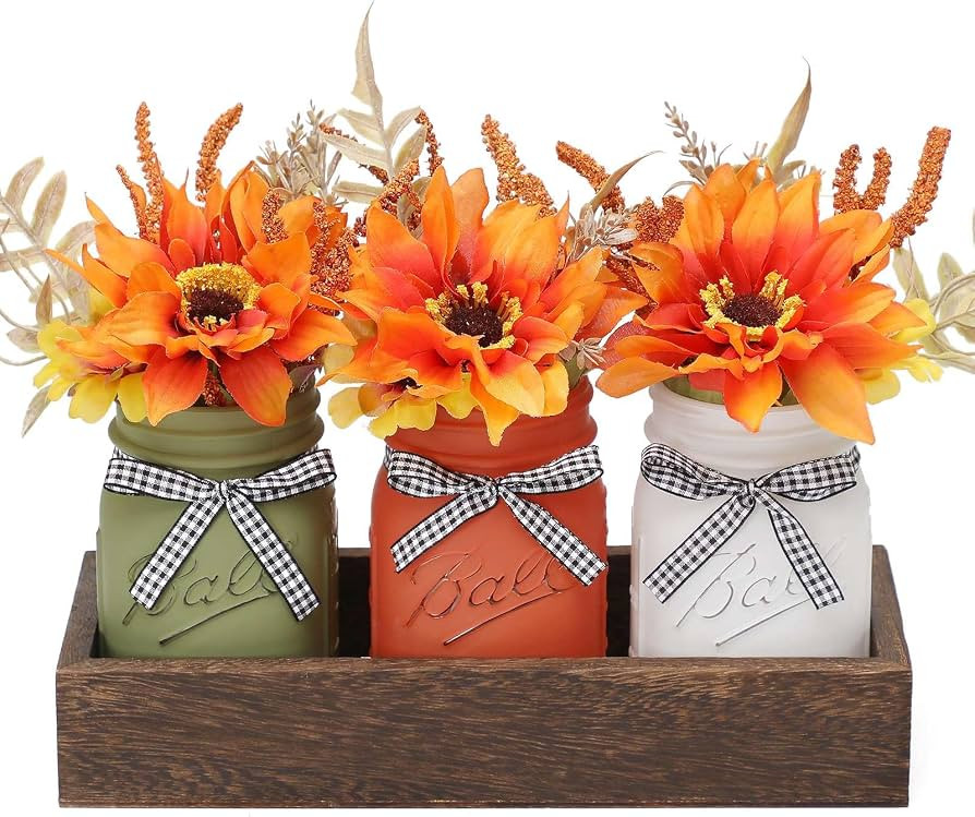Fall Mason Jar Centerpiece for Table with Artificial Flowers | Amazon (US)
