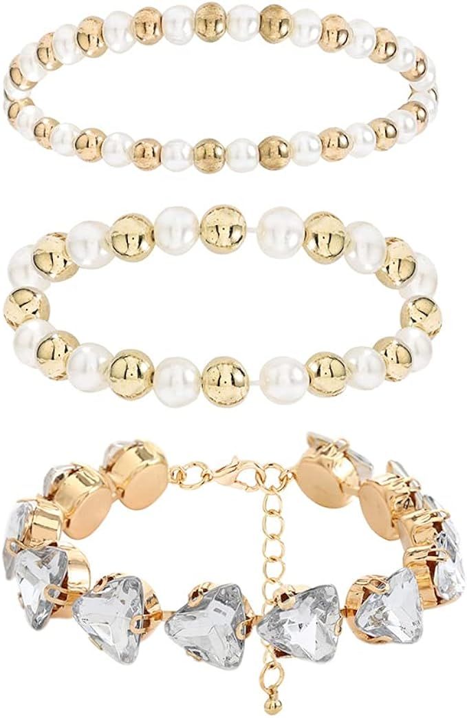 Woeoe 3 Pcs Beaded Bracelet Gold Rhinestone Pearl Layered Stackable Bracelets Dainty Crystal Stre... | Amazon (US)