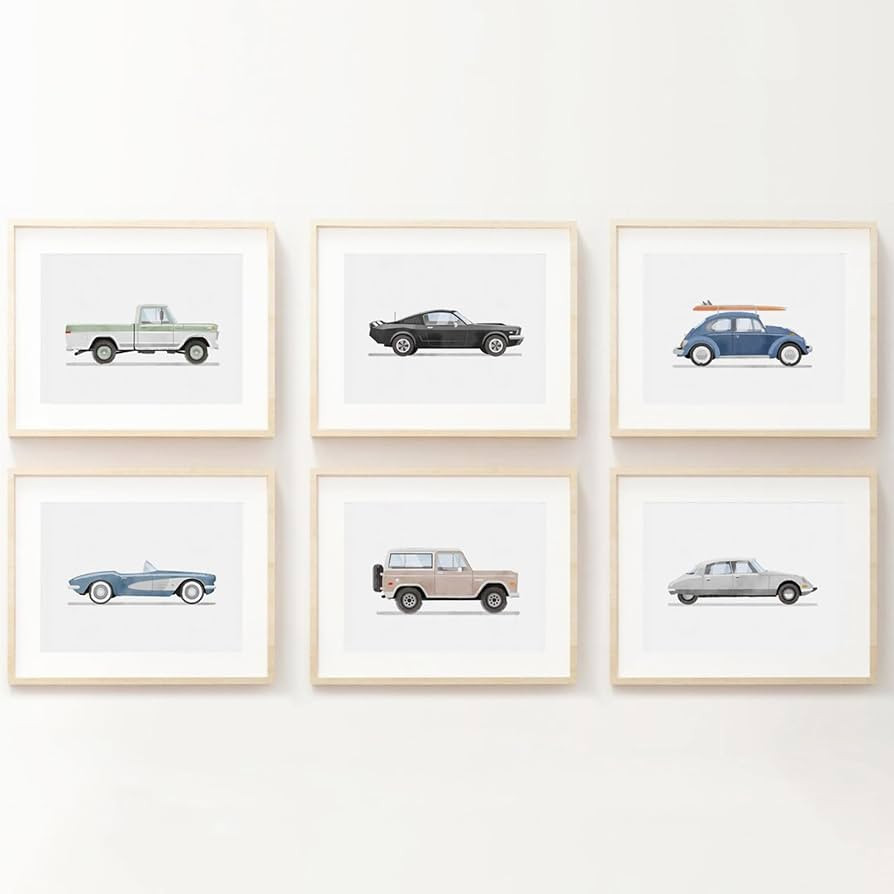 Blue Car Wall Art Decor Boys Room Wall Art Vintage Cars Canvas Poster Pictures Toddler Kids Room ... | Amazon (US)