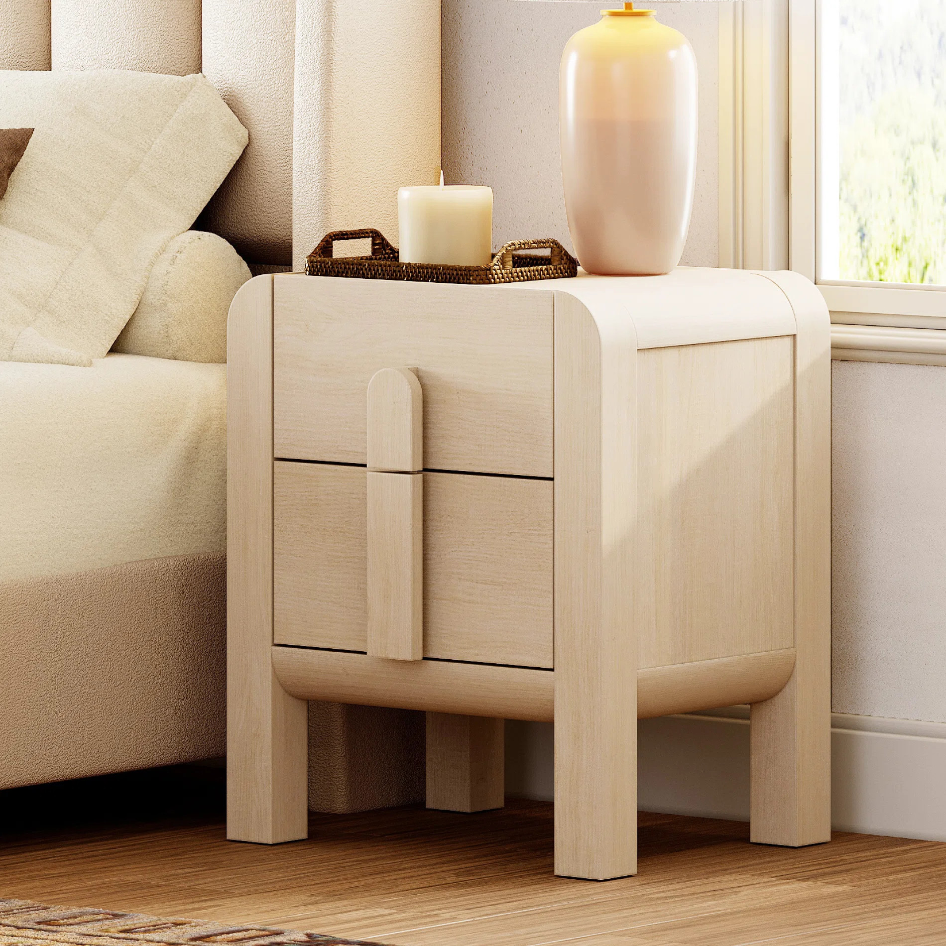 Adora Modern Wood Nightstand With 2 Drawers ,Curved Mid-Century End Table With Built-In Charging ... | Wayfair North America
