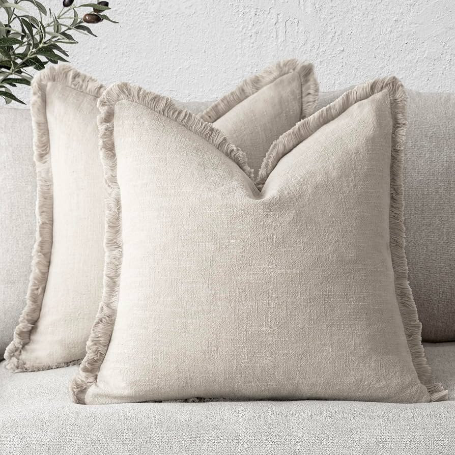 Foindtower Decorative Linen Fringe Throw Pillow Covers 20\u00d720 Inch,Beige | Amazon (US)