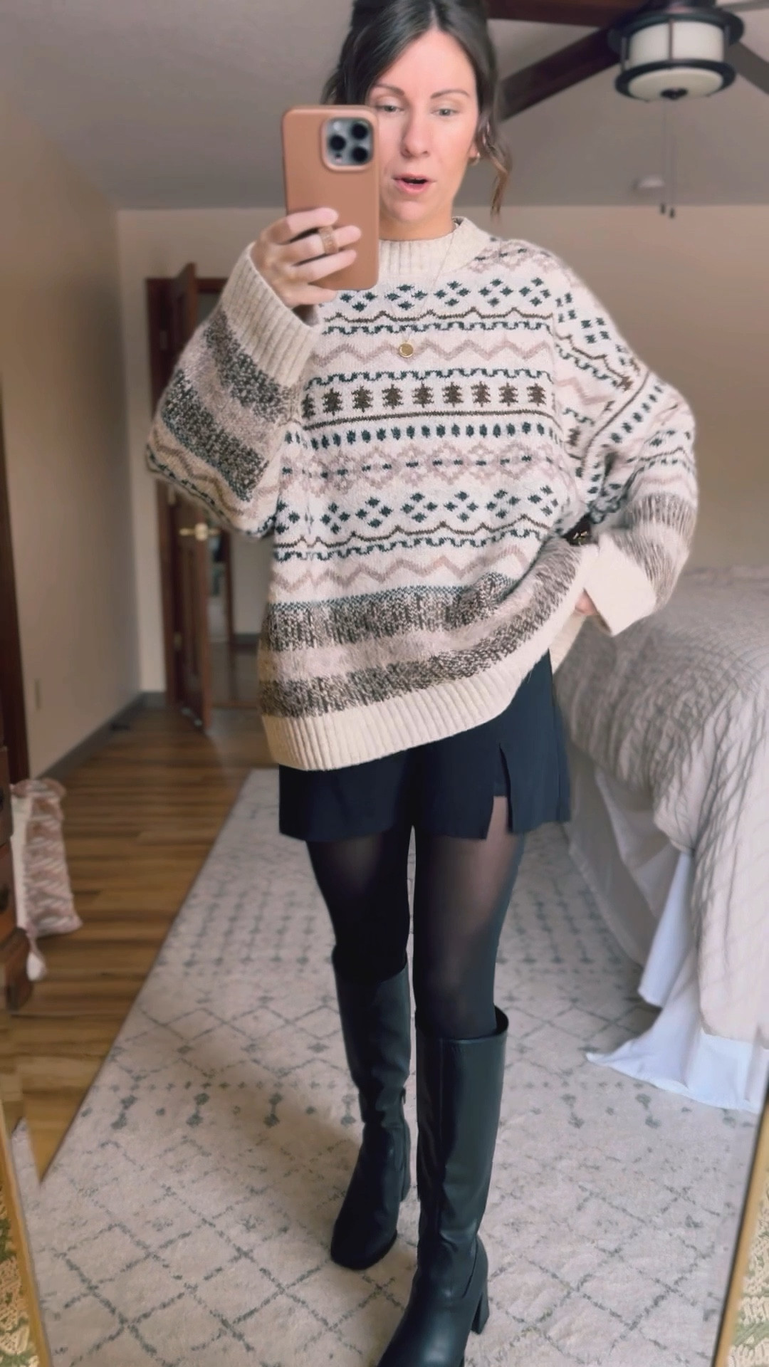 Wearing size small in the sweater (it’s very oversized) and xs in my skort. My skort is older so I linked similar! 
My boots fit true to size and my tights are great bc they’re made not to rip! I’ve had mine for 2 years.  

#LTKShoeCrush 

#LTKSeasonal #LTKHoliday